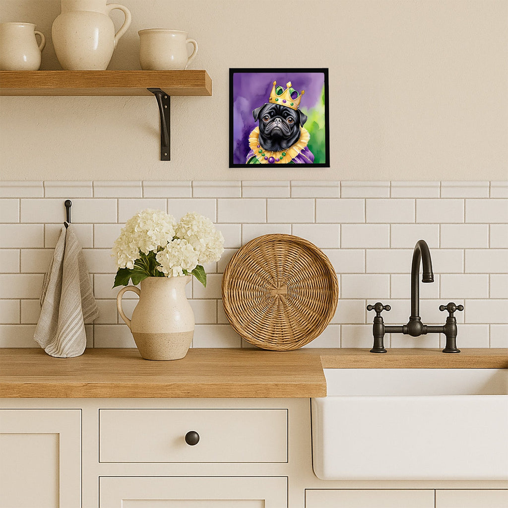 Black Pug King of Mardi Gras Framed Metal Print Bathroom, Kitchen, Office, Home Decor Wall Art Ready to Hang, Square, 8X8