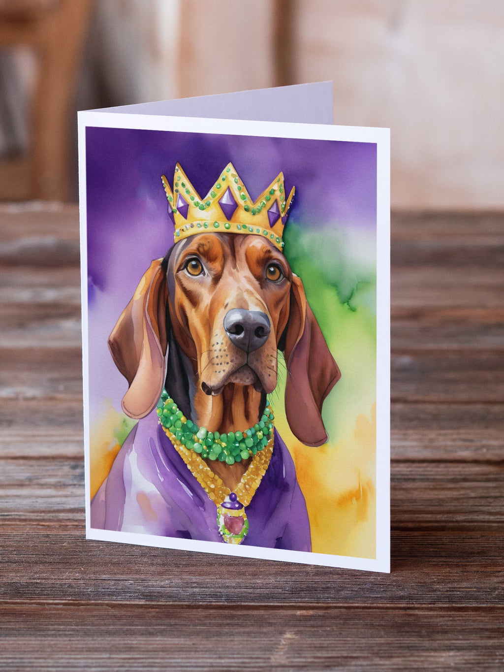 Redbone Coonhound King of Mardi Gras Greeting Cards Pack of 8 Blank Cards with Envelopes Whimsical A7 Size 5x7