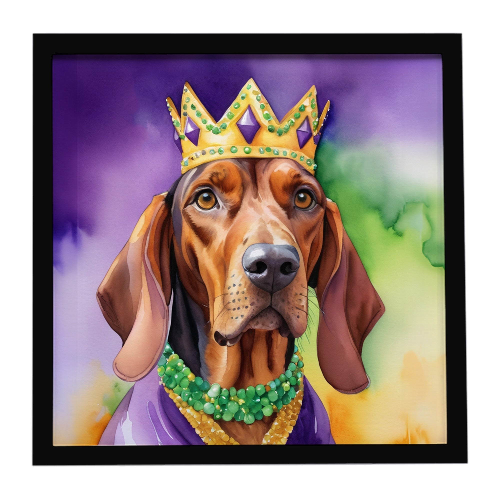 Redbone Coonhound King of Mardi Gras Framed Metal Print Bathroom, Kitchen, Office, Home Decor Wall Art Ready to Hang, Square, 8X8