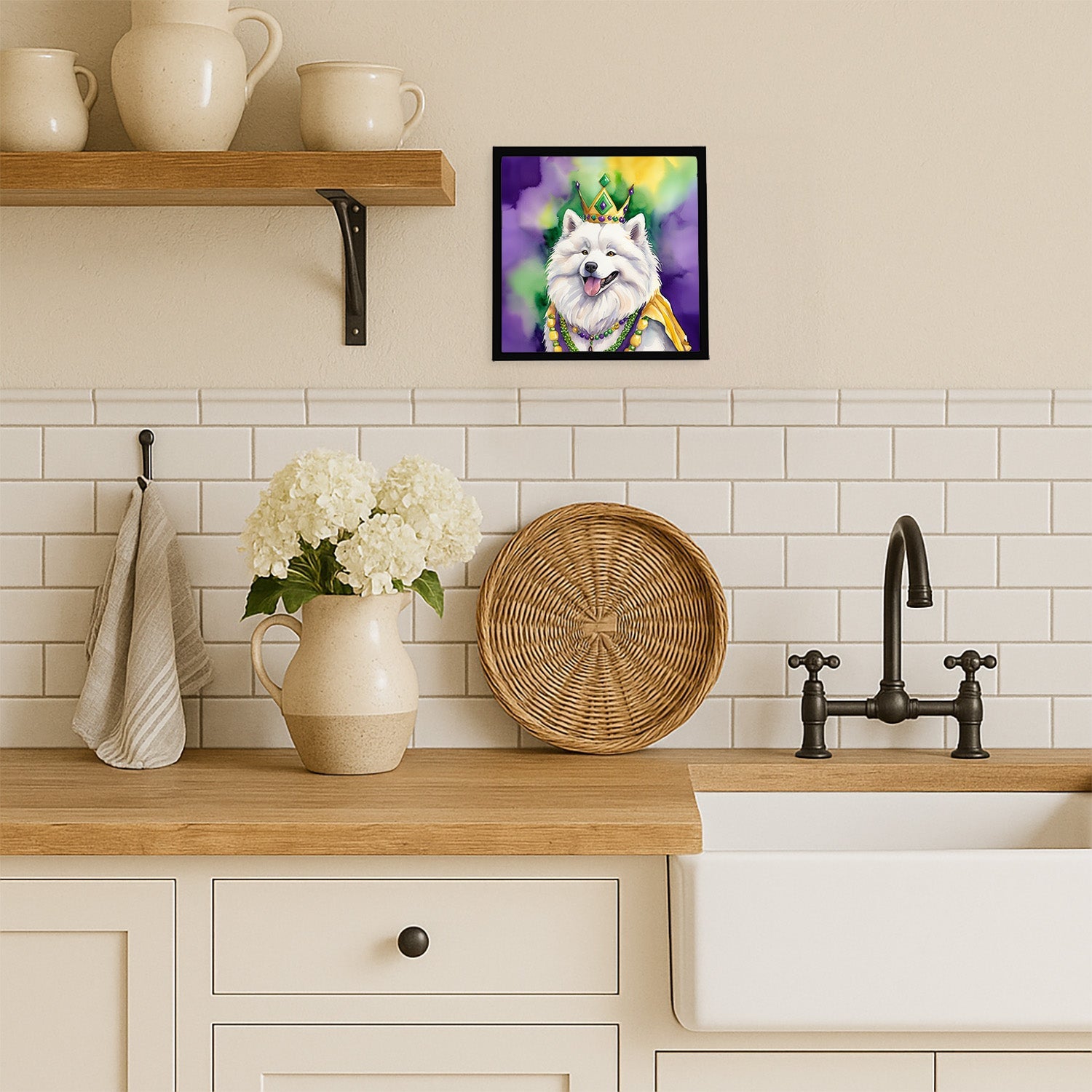 Samoyed King of Mardi Gras Framed Metal Print Bathroom, Kitchen, Office, Home Decor Wall Art Ready to Hang, Square, 8X8