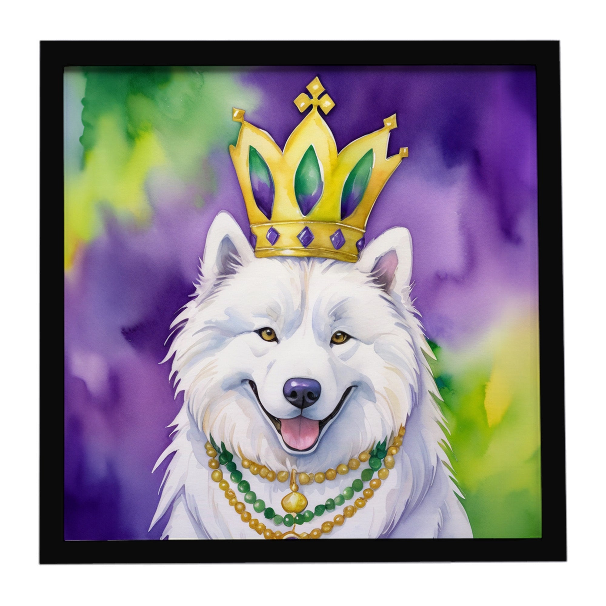 Samoyed King of Mardi Gras Framed Metal Print Bathroom, Kitchen, Office, Home Decor Wall Art Ready to Hang, Square, 8X8