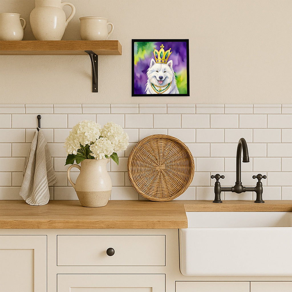 Samoyed King of Mardi Gras Framed Metal Print Bathroom, Kitchen, Office, Home Decor Wall Art Ready to Hang, Square, 8X8