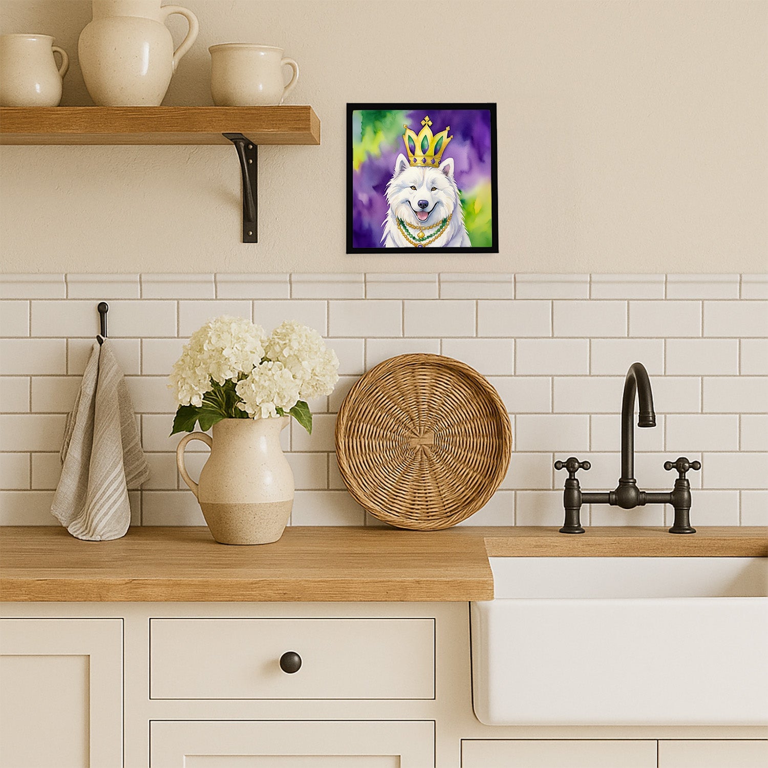 Samoyed King of Mardi Gras Framed Metal Print Bathroom, Kitchen, Office, Home Decor Wall Art Ready to Hang, Square, 8X8