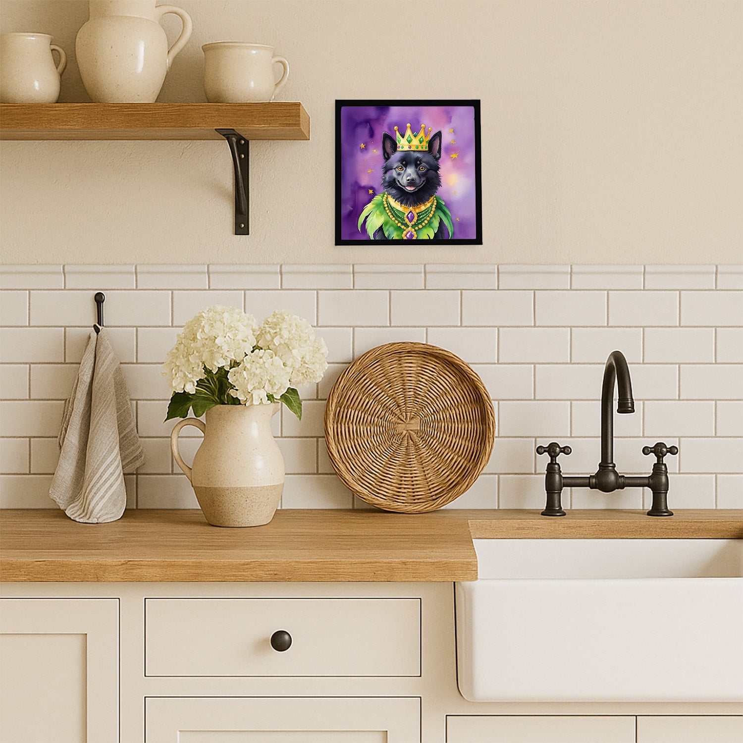 Schipperke King of Mardi Gras Framed Metal Print Bathroom, Kitchen, Office, Home Decor Wall Art Ready to Hang, Square, 8X8