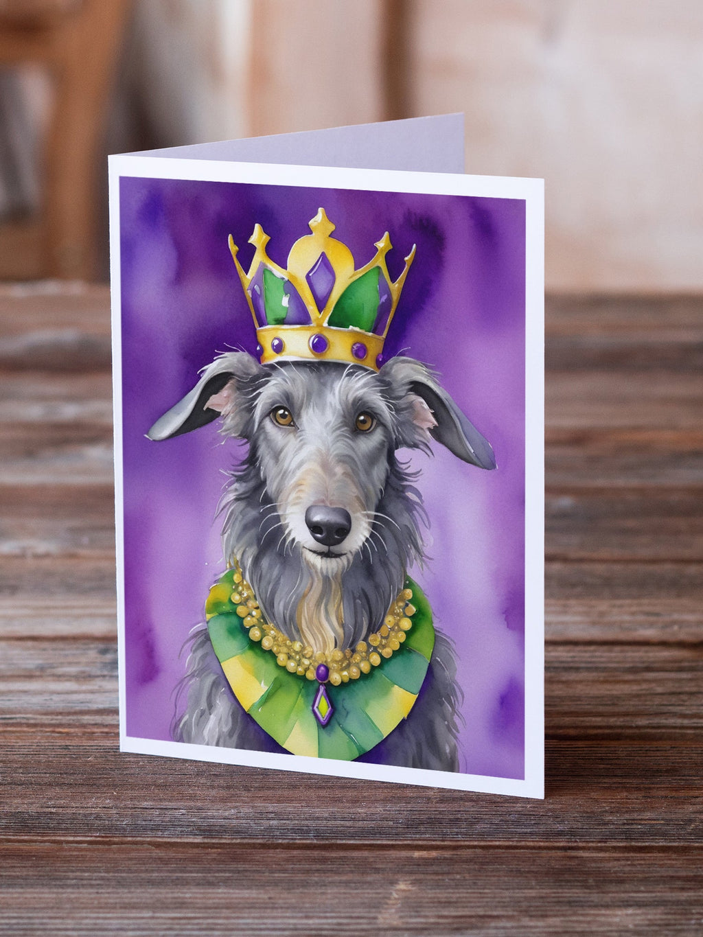 Scottish Deerhound King of Mardi Gras Greeting Cards Pack of 8 Blank Cards with Envelopes Whimsical A7 Size 5x7