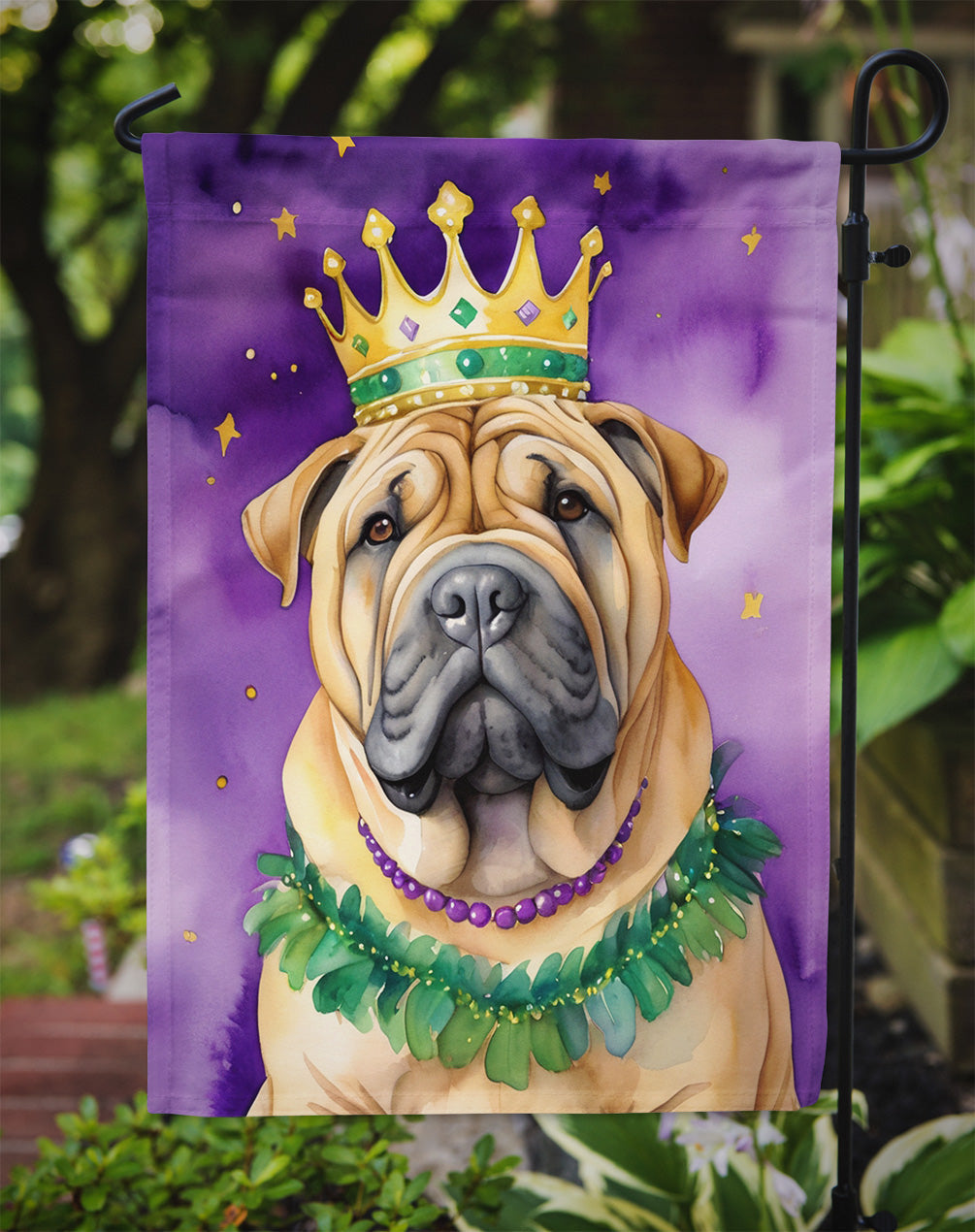 Shar Pei King of Mardi Gras Garden Flag Mailbox Decorative Yard Banner Outside Patio Artwork for Flower Beds, Garden Size, Multicolor