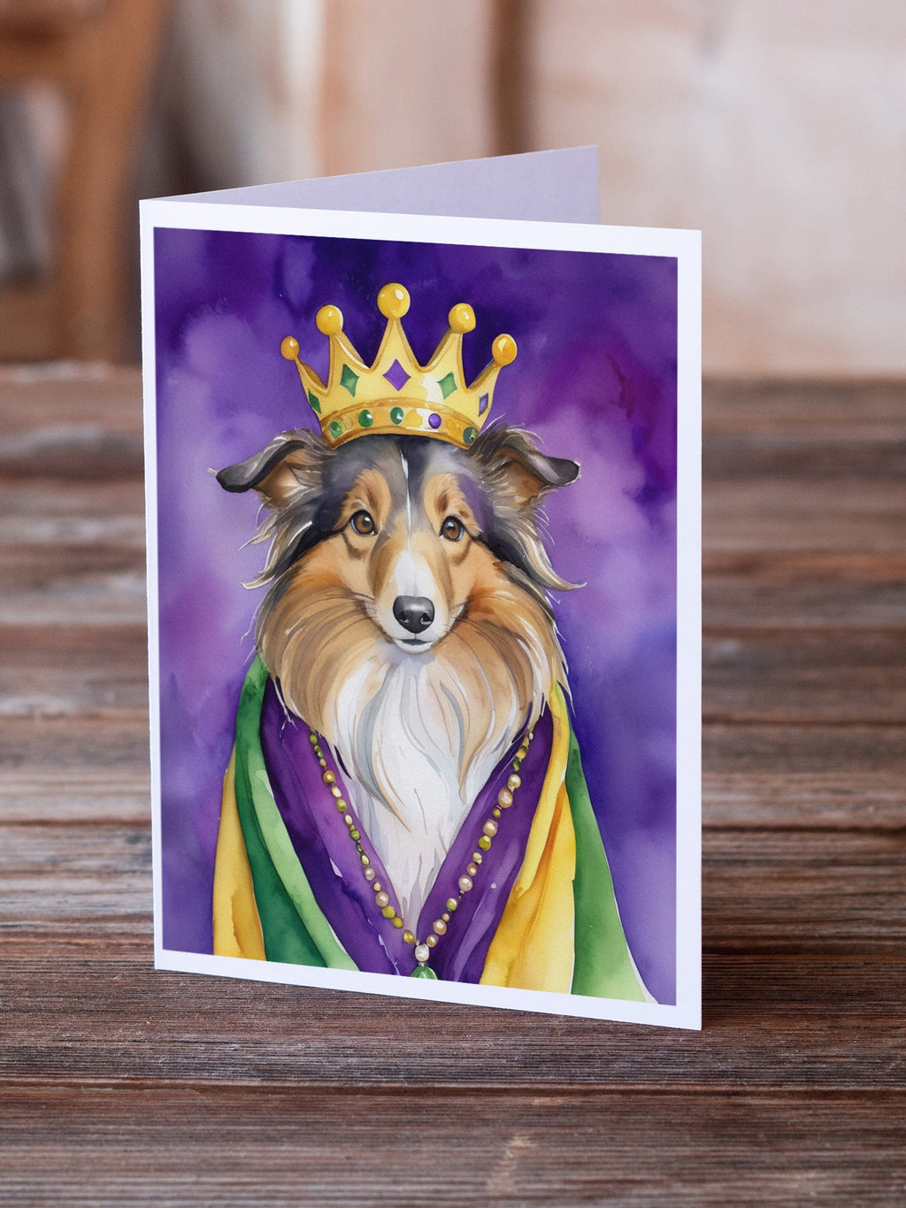 Sheltie King of Mardi Gras Greeting Cards Pack of 8 Blank Cards with Envelopes Whimsical A7 Size 5x7