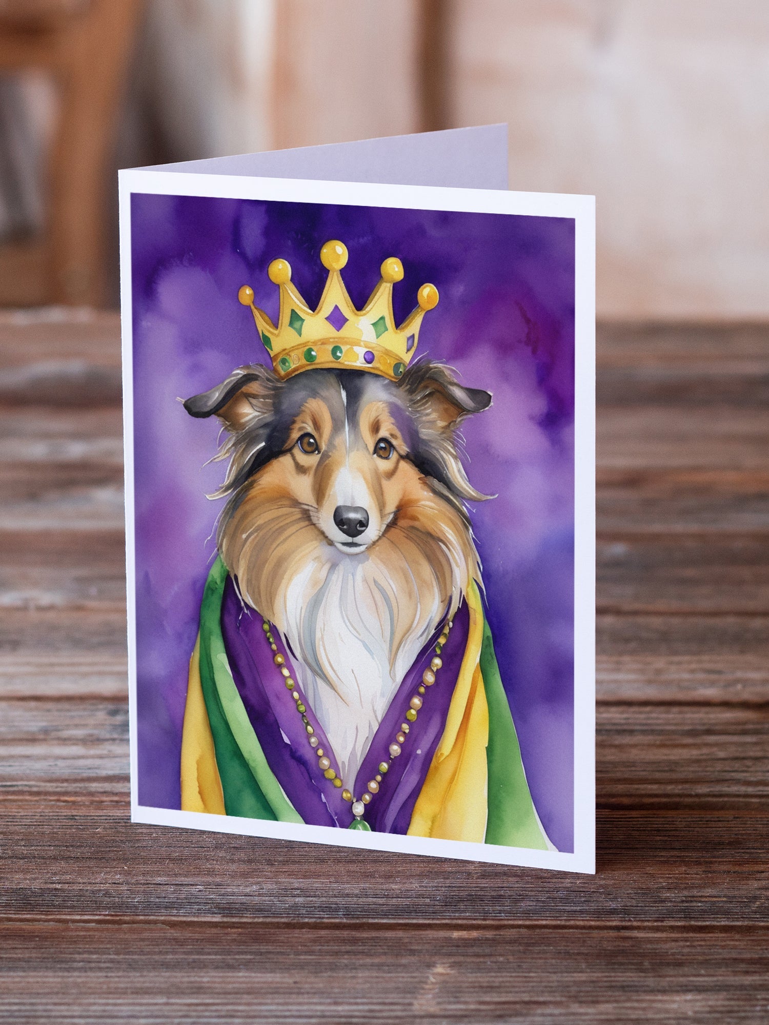 Sheltie King of Mardi Gras Greeting Cards Pack of 8 Blank Cards with Envelopes Whimsical A7 Size 5x7