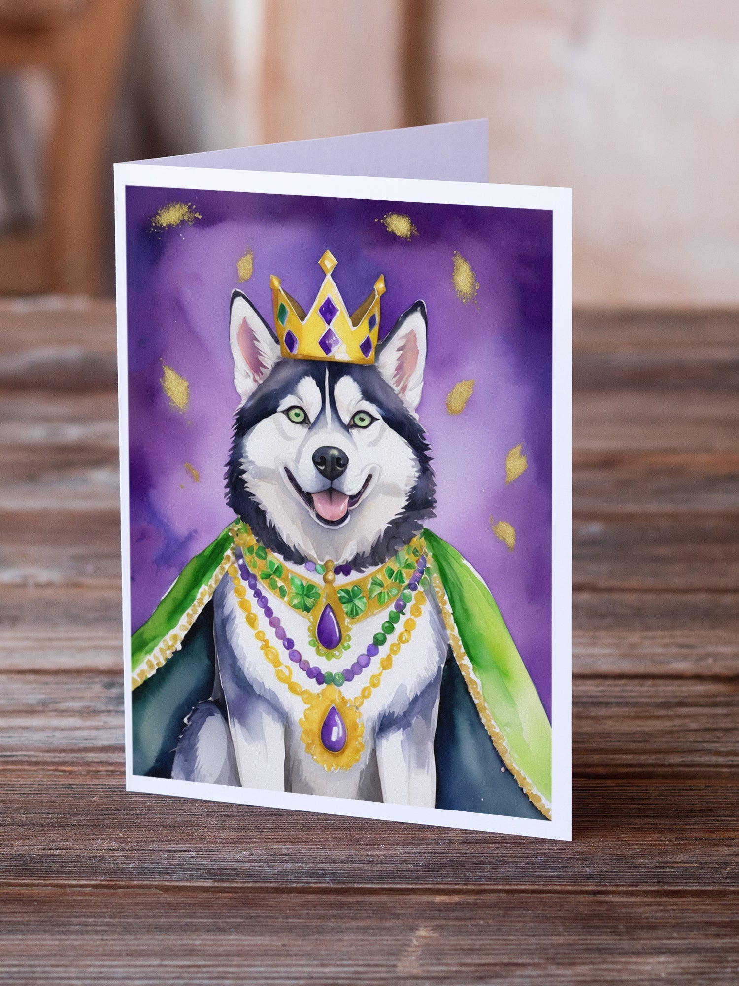 Siberian Husky King of Mardi Gras Greeting Cards Pack of 8 Blank Cards with Envelopes Whimsical A7 Size 5x7