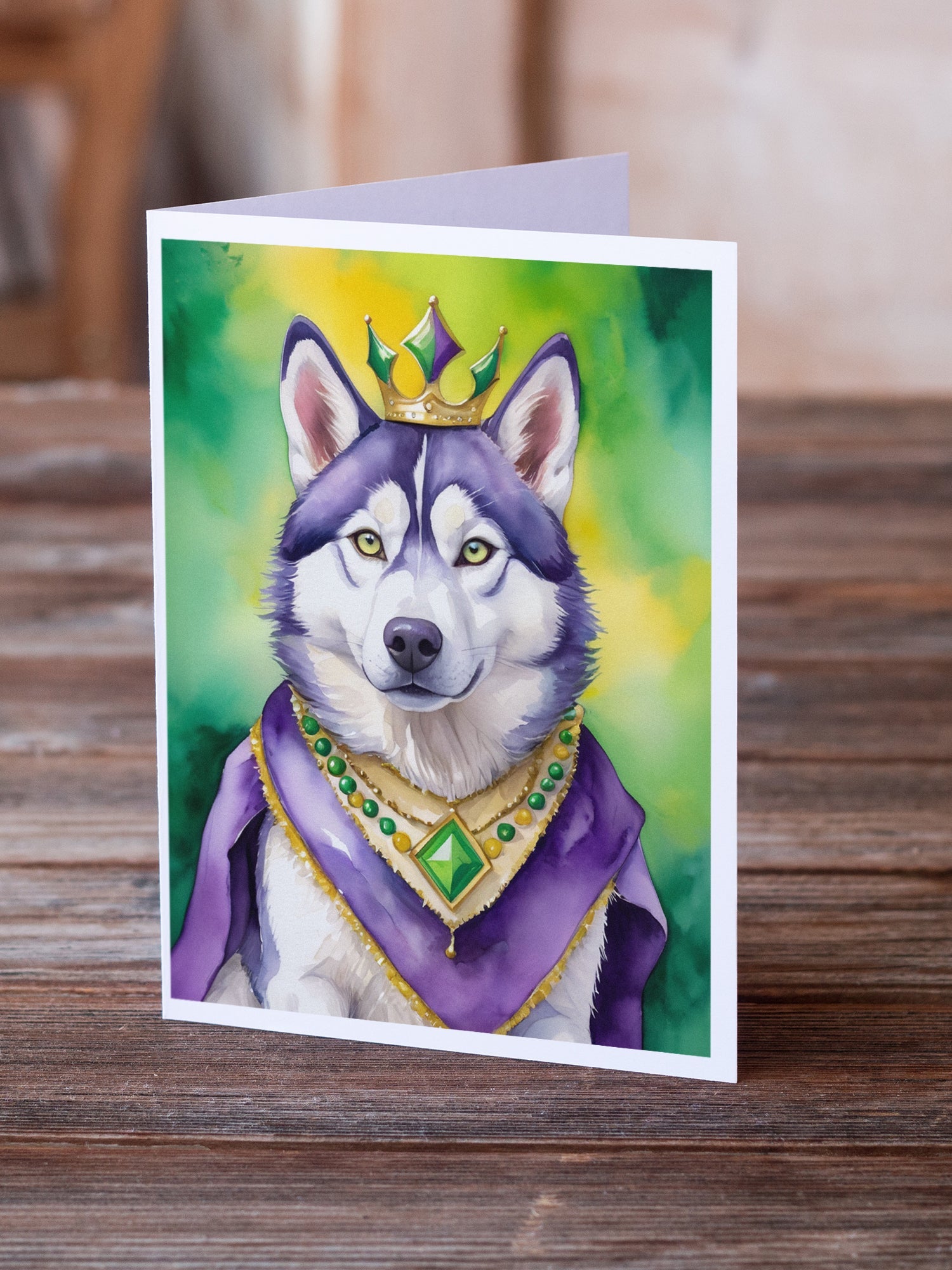 Siberian Husky King of Mardi Gras Greeting Cards Pack of 8 Blank Cards with Envelopes Whimsical A7 Size 5x7