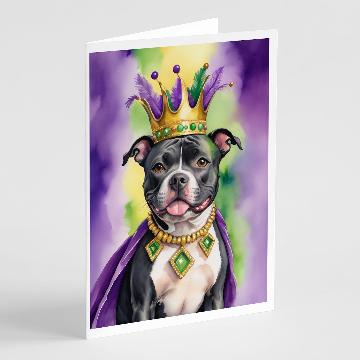 Staffordshire Bull Terrier King of Mardi Gras Greeting Cards Pack of 8 Blank Cards with Envelopes Whimsical A7 Size 5x7