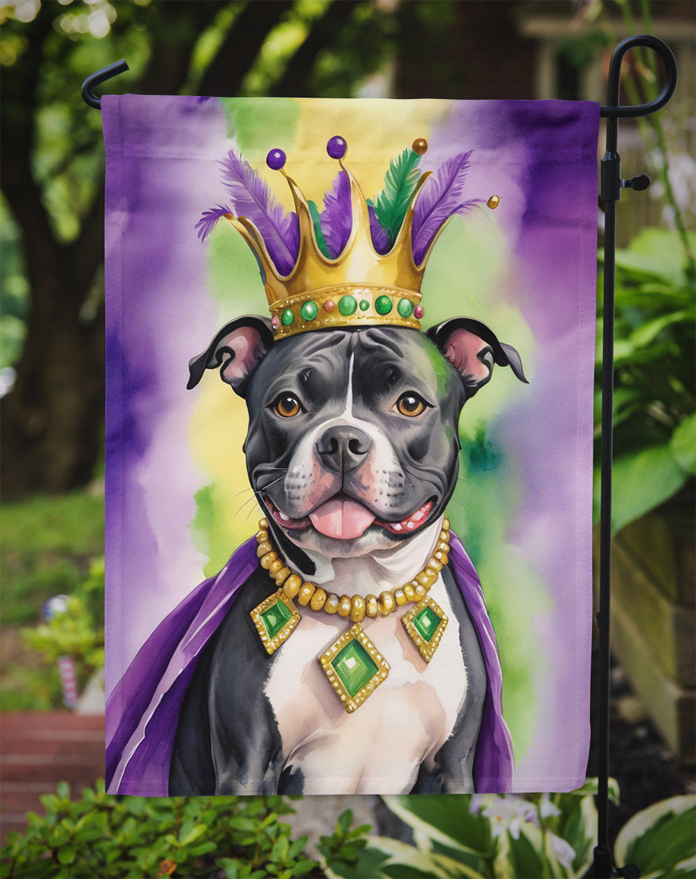 Staffordshire Bull Terrier King of Mardi Gras Garden Flag Mailbox Decorative Yard Banner Outside Patio Artwork for Flower Beds, Garden Size, Multicolor
