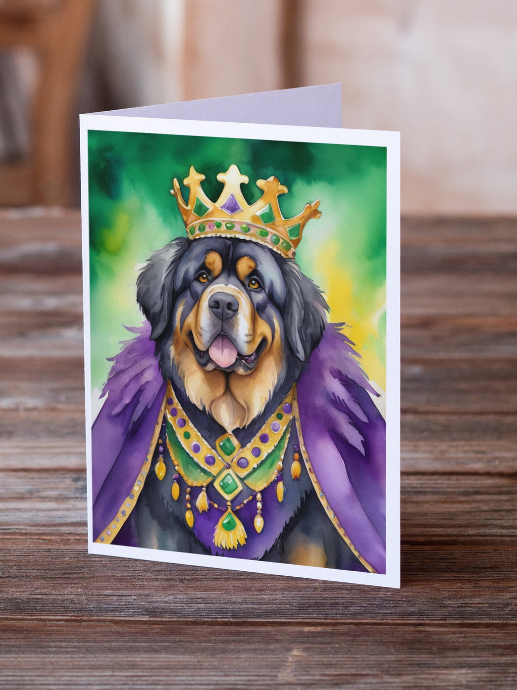 Tibetan Mastiff King of Mardi Gras Greeting Cards Pack of 8 Blank Cards with Envelopes Whimsical A7 Size 5x7