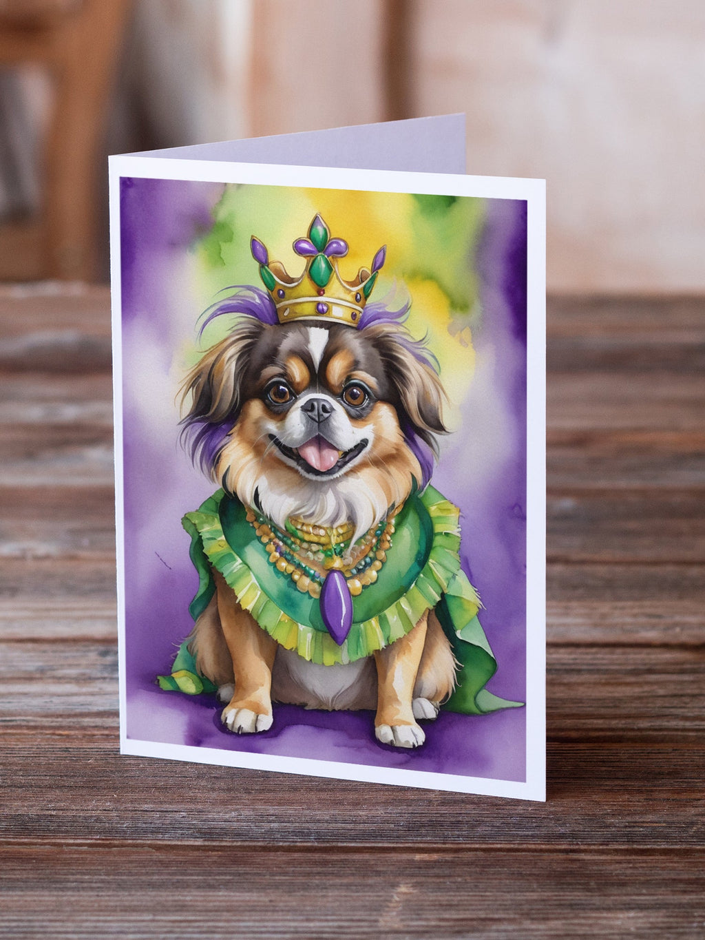Tibetan Spaniel King of Mardi Gras Greeting Cards Pack of 8 Blank Cards with Envelopes Whimsical A7 Size 5x7