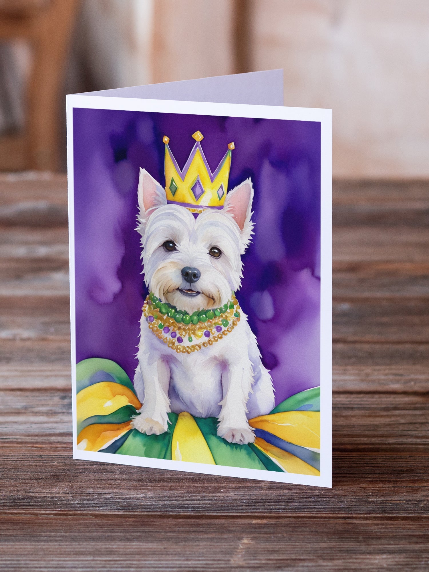 Westie King of Mardi Gras Greeting Cards Pack of 8 Blank Cards with Envelopes Whimsical A7 Size 5x7