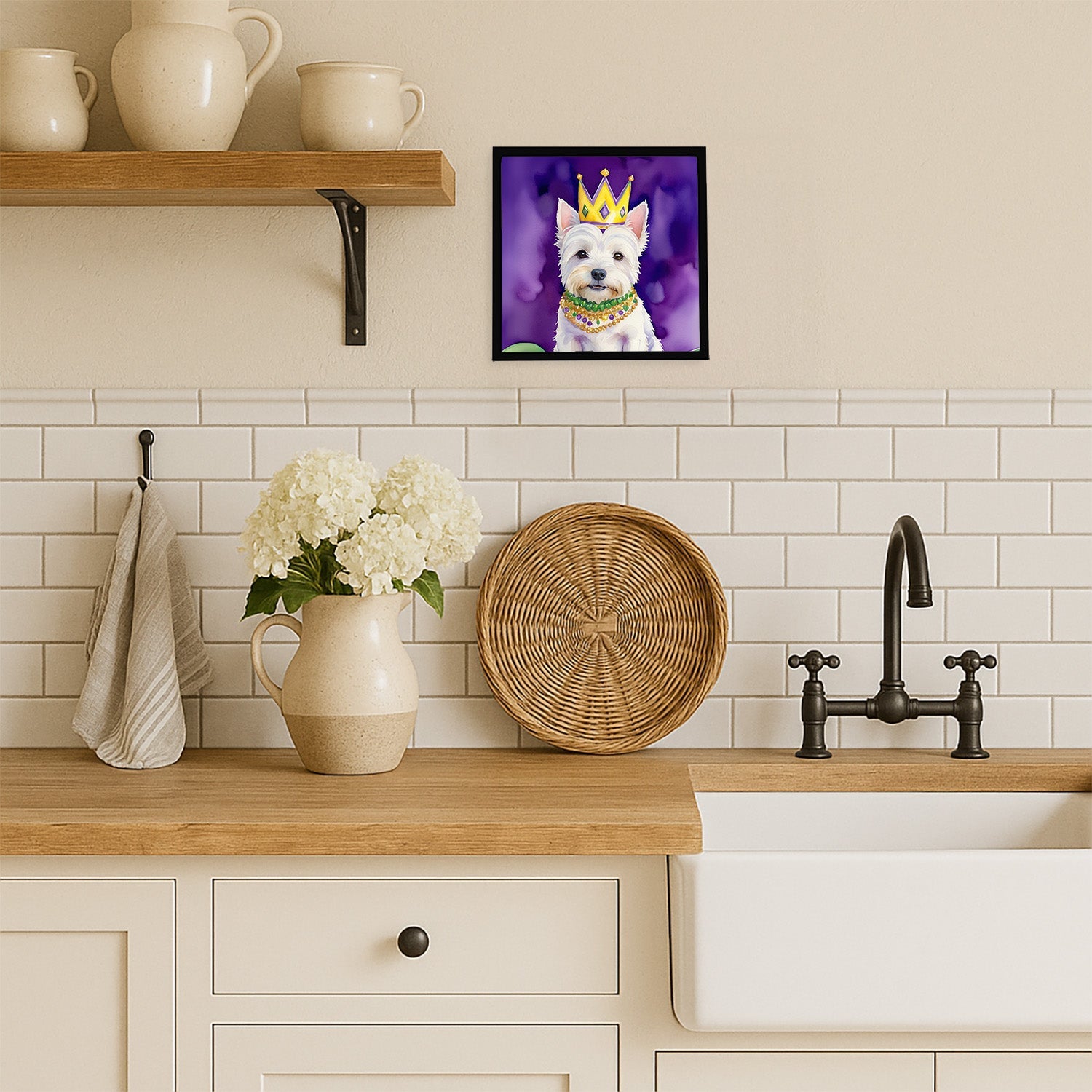 Westie King of Mardi Gras Framed Metal Print Bathroom, Kitchen, Office, Home Decor Wall Art Ready to Hang, Square, 8X8