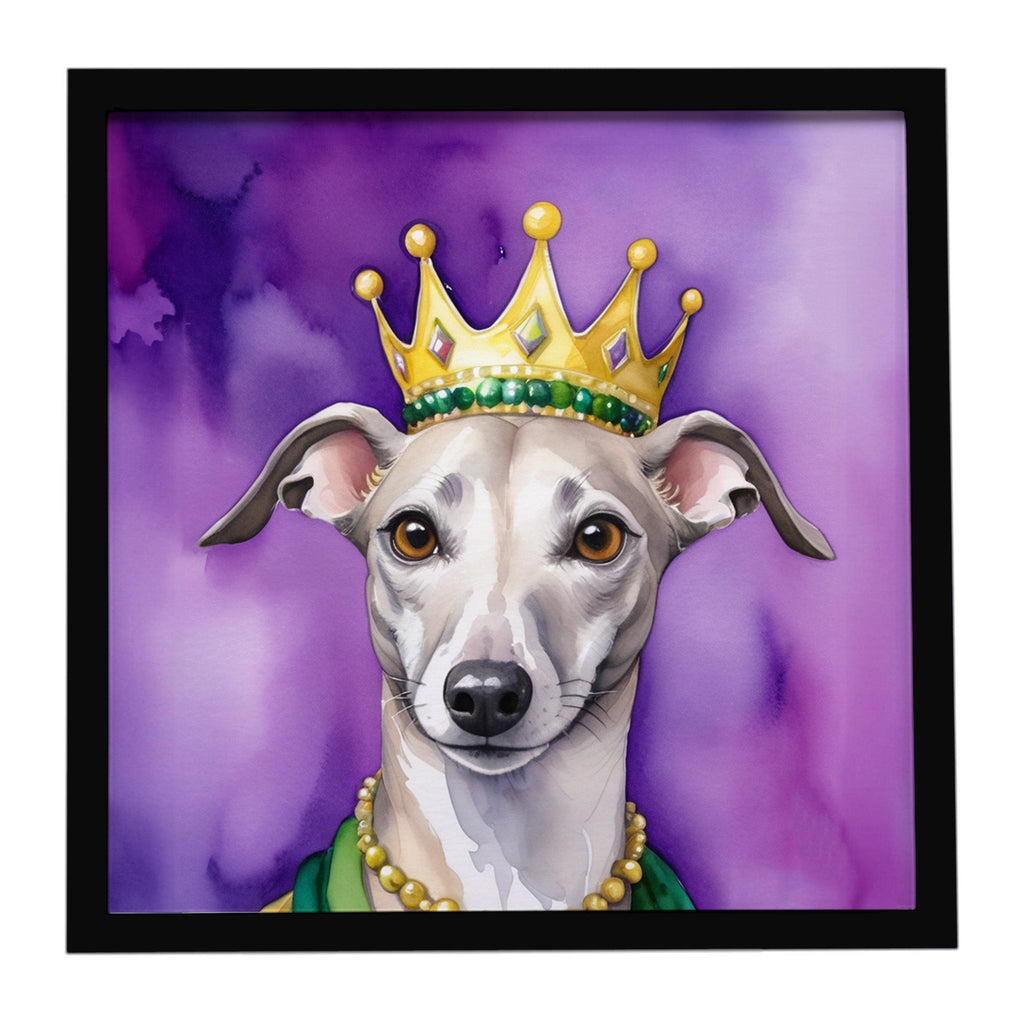 Whippet King of Mardi Gras Framed Metal Print Bathroom, Kitchen, Office, Home Decor Wall Art Ready to Hang, Square, 8X8