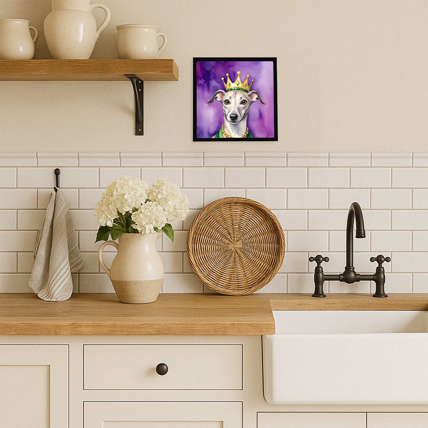 Whippet King of Mardi Gras Framed Metal Print Bathroom, Kitchen, Office, Home Decor Wall Art Ready to Hang, Square, 8X8