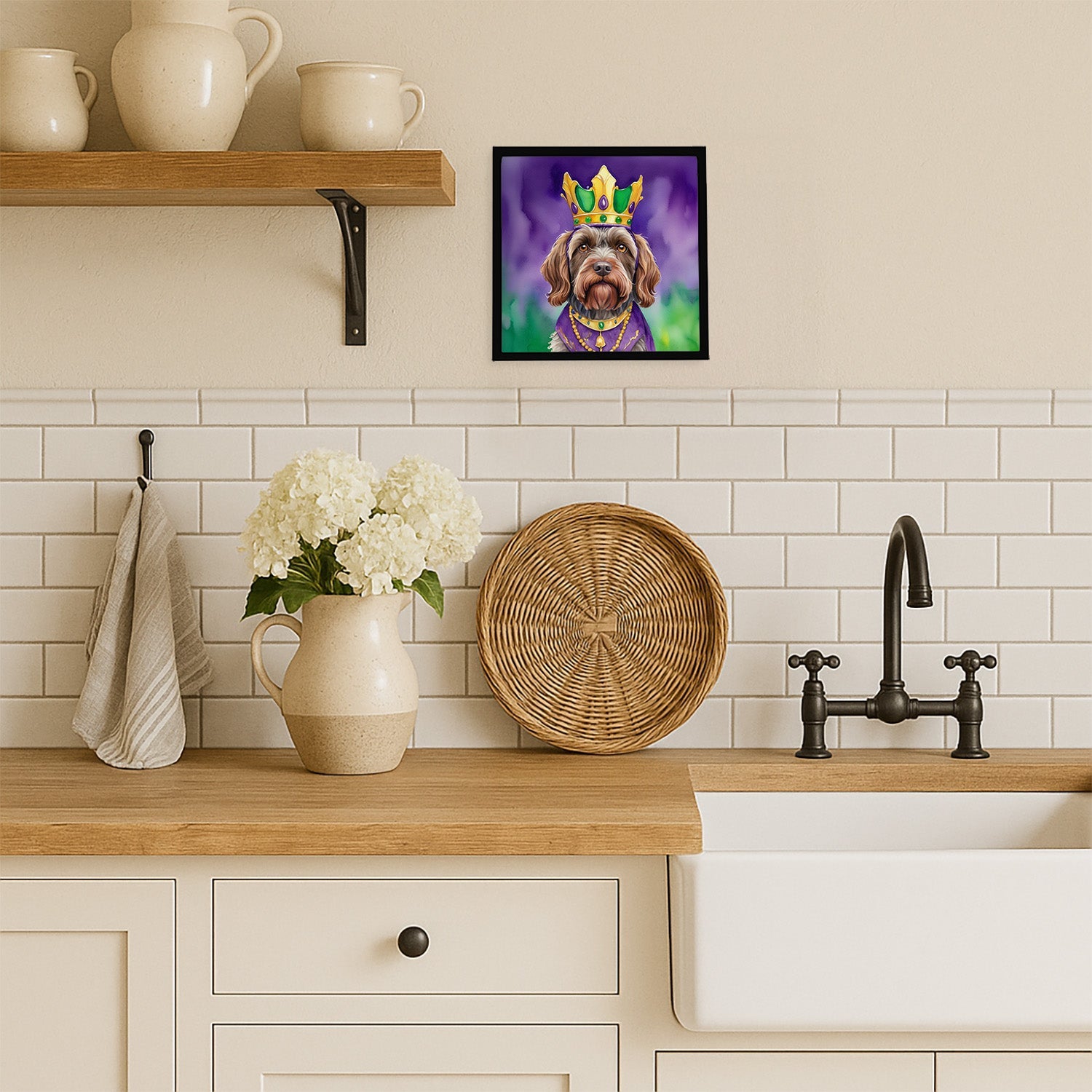 Wirehaired Pointing Griffon King of Mardi Gras Framed Metal Print Bathroom, Kitchen, Office, Home Decor Wall Art Ready to Hang, Square, 8X8