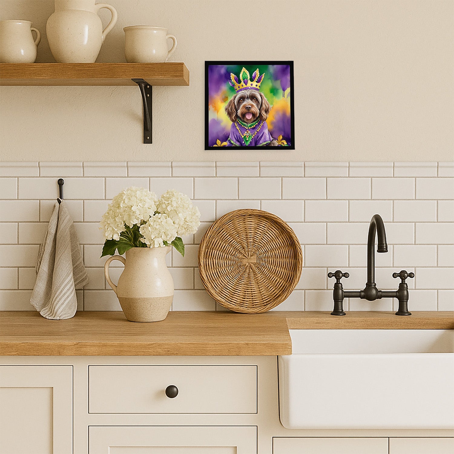 Wirehaired Pointing Griffon King of Mardi Gras Framed Metal Print Bathroom, Kitchen, Office, Home Decor Wall Art Ready to Hang, Square, 8X8