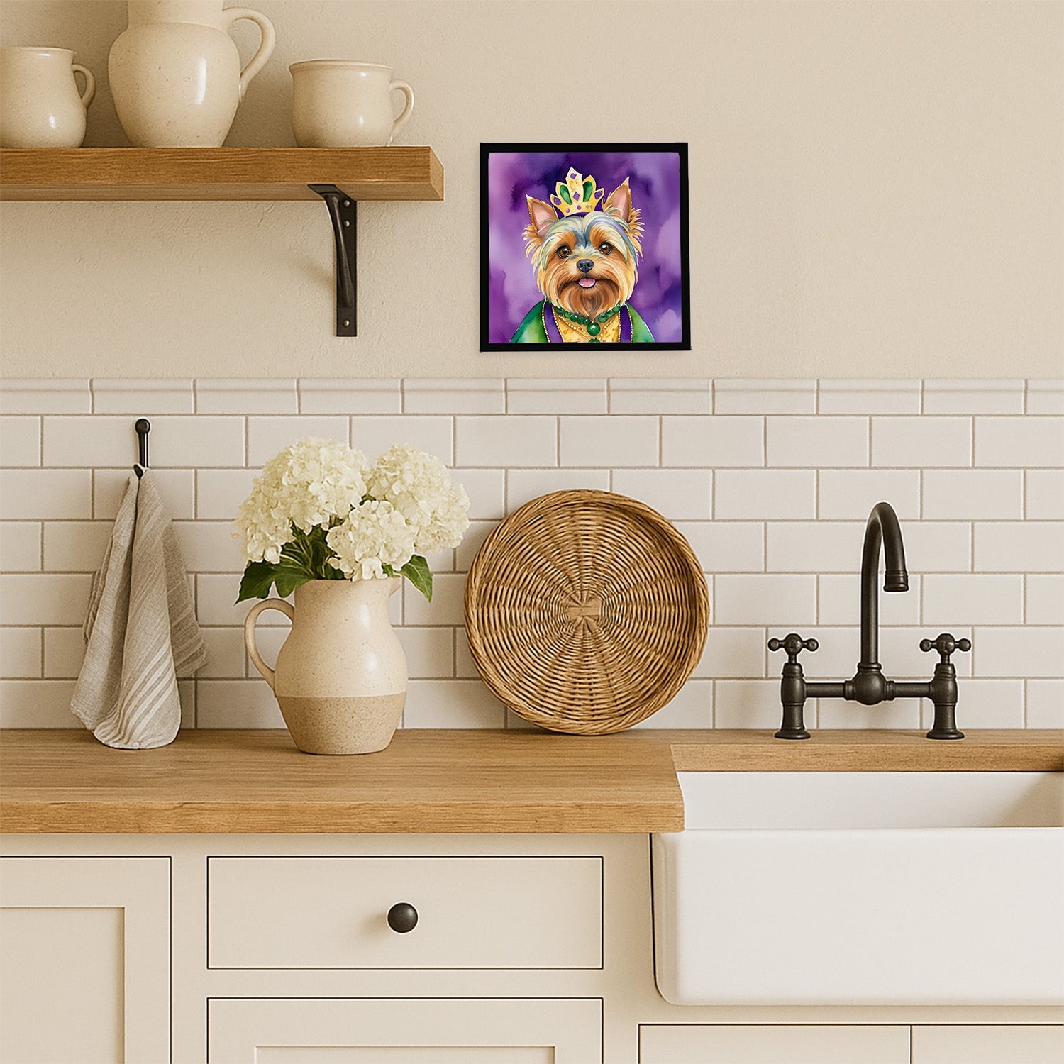Yorkshire Terrier King of Mardi Gras Framed Metal Print Bathroom, Kitchen, Office, Home Decor Wall Art Ready to Hang, Square, 8X8