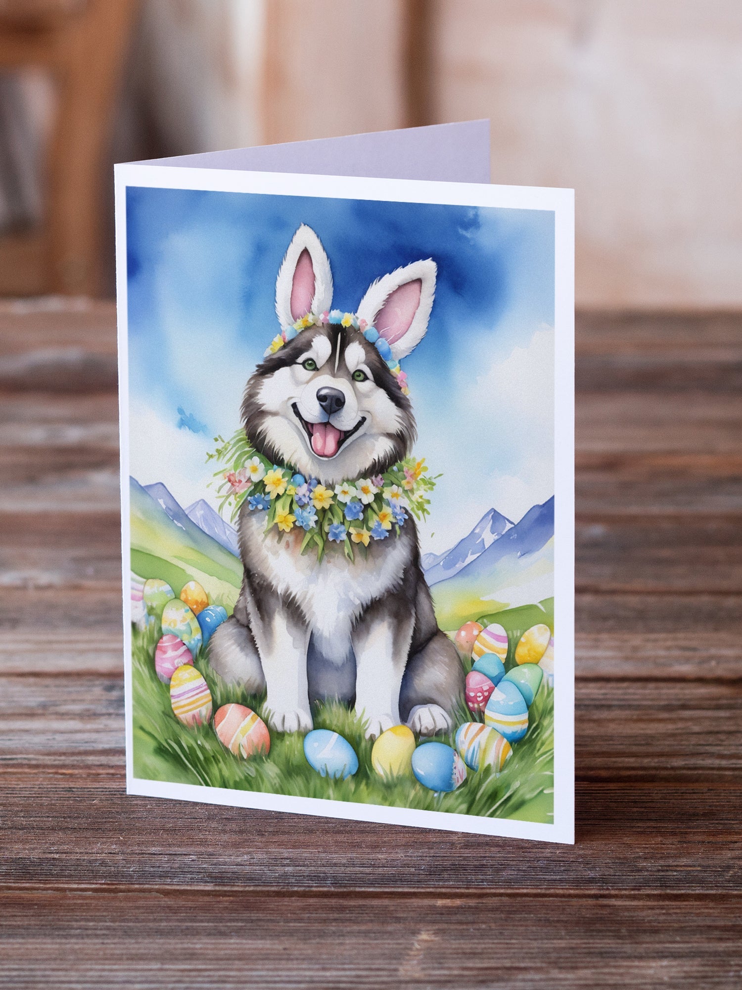 Alaskan Malamute Easter Egg Hunt Greeting Cards Pack of 8 Blank Cards with Envelopes Whimsical A7 Size 5x7