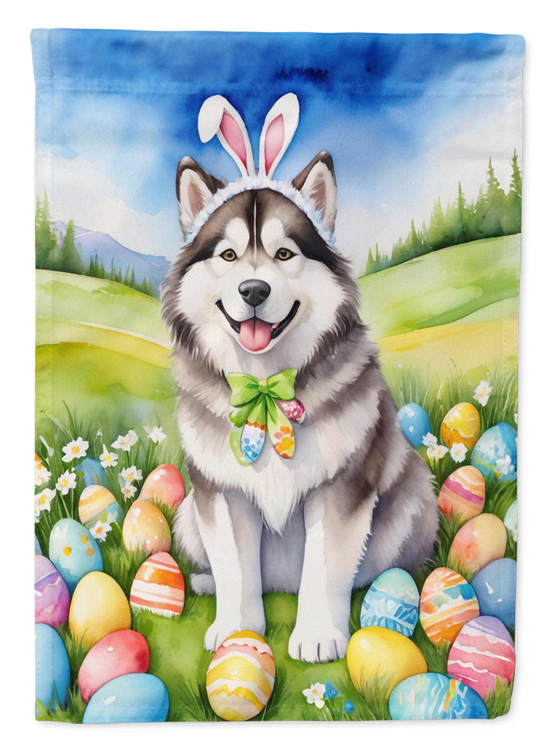 Alaskan Malamute Easter Egg Hunt House Flag 28x40 Porch Sleeve Pole Decorative Outside Yard Banner Artwork Wall Hanging, Polyester