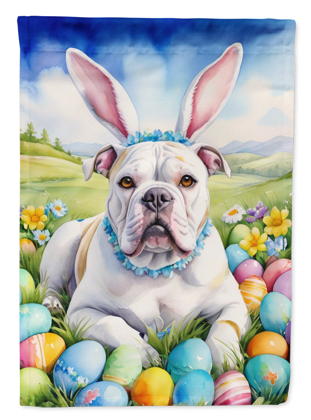 American Bulldog Easter Egg Hunt House Flag 28x40 Porch Sleeve Pole Decorative Outside Yard Banner Artwork Wall Hanging, Polyester