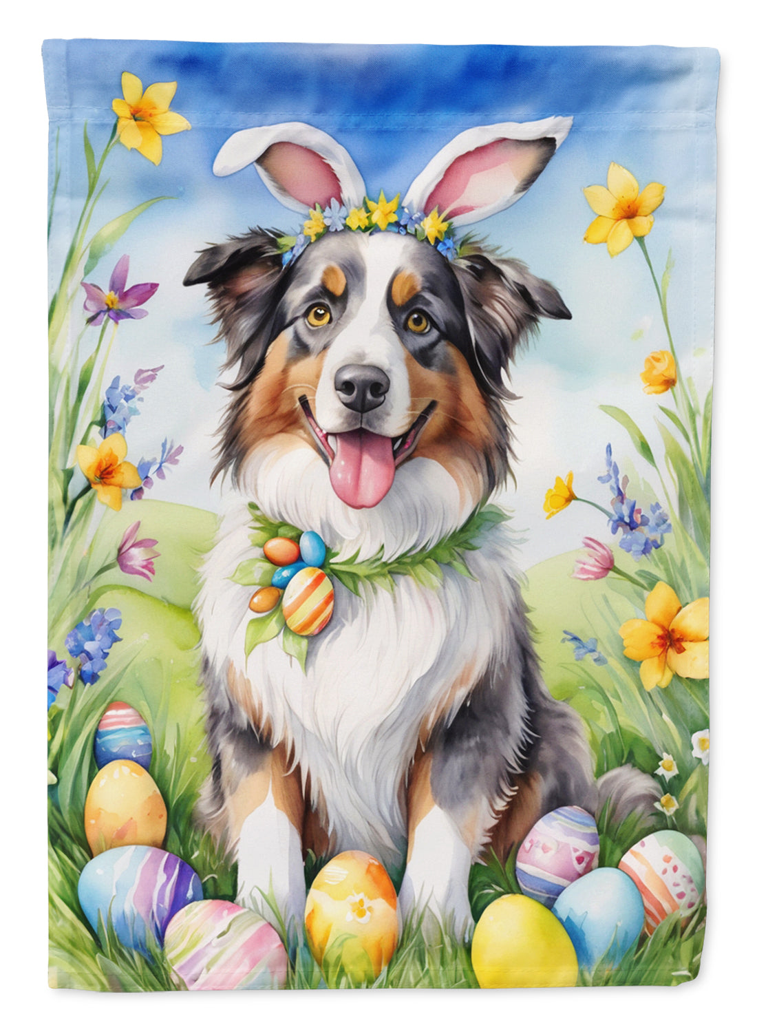 Australian Shepherd Easter Egg Hunt House Flag 28x40 Porch Sleeve Pole Decorative Outside Yard Banner Artwork Wall Hanging, Polyester