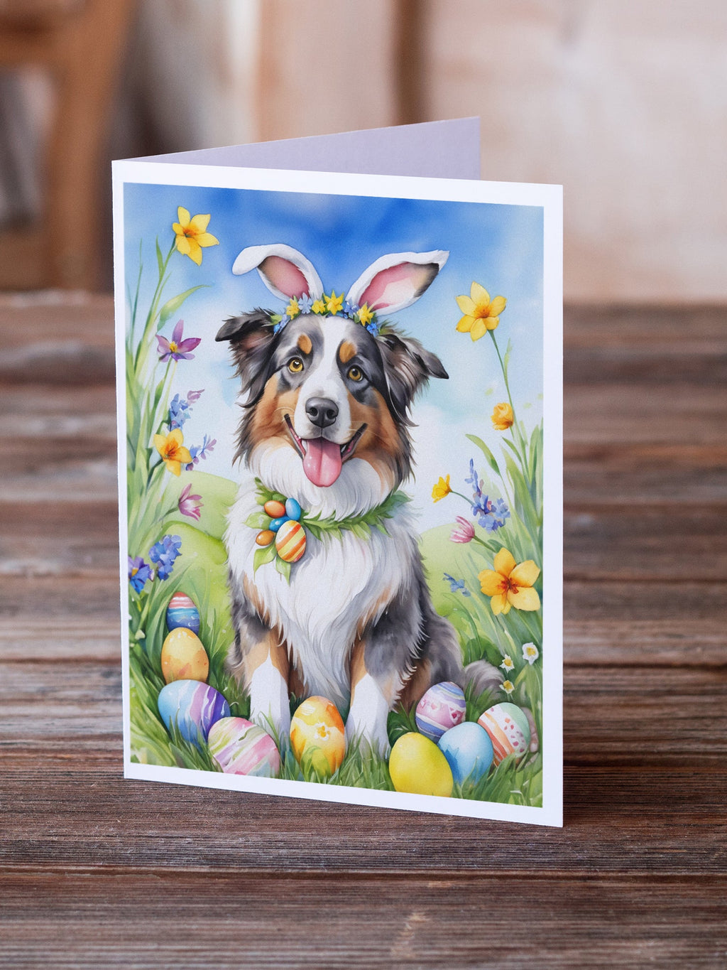 Australian Shepherd Easter Egg Hunt Greeting Cards Pack of 8 Blank Cards with Envelopes Whimsical A7 Size 5x7