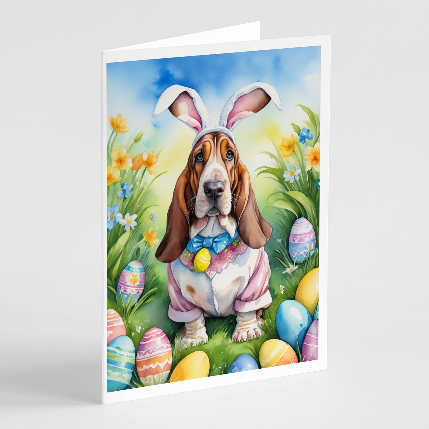 Basset Hound Easter Egg Hunt Greeting Cards Pack of 8 Blank Cards with Envelopes Whimsical A7 Size 5x7