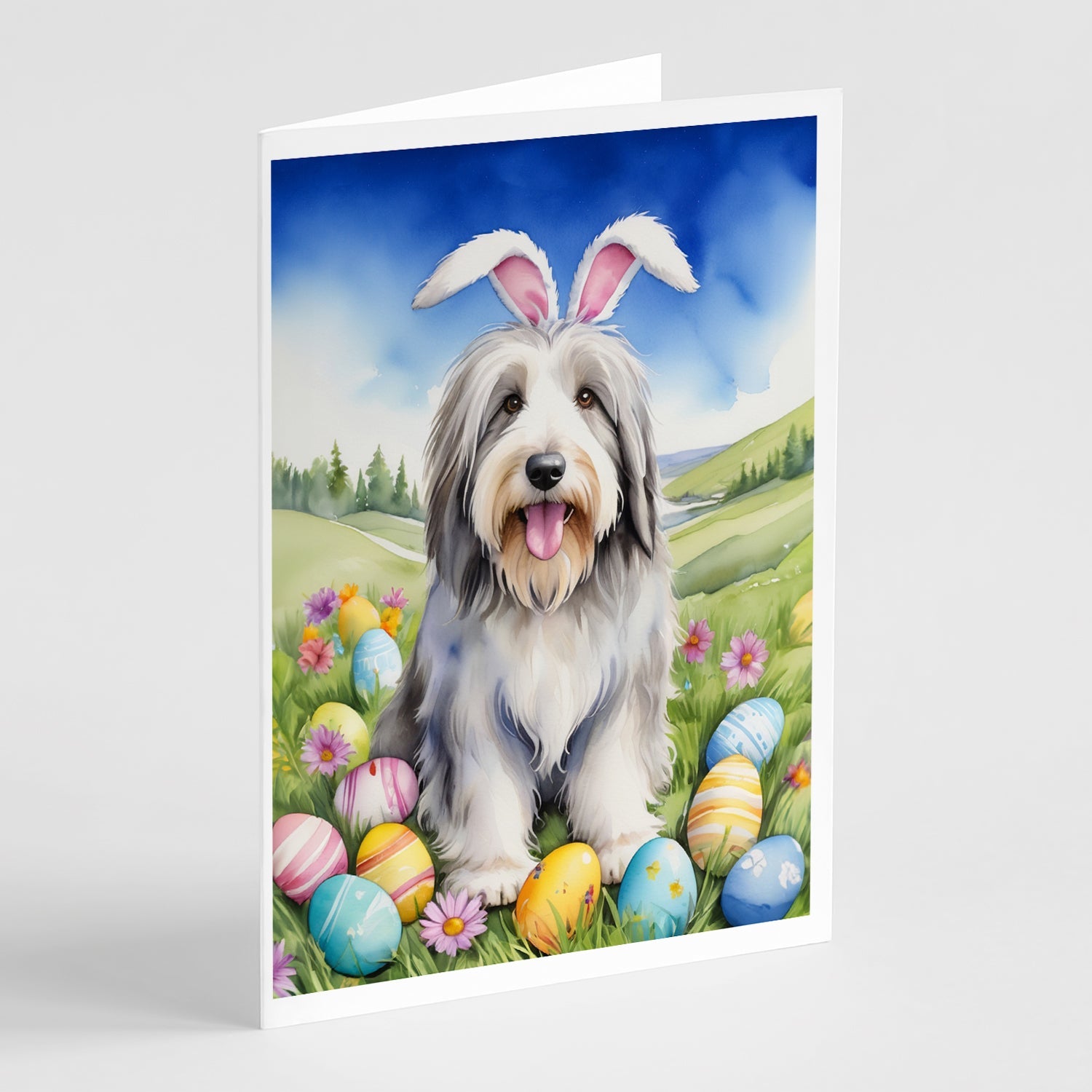 Bearded Collie Easter Egg Hunt Greeting Cards Pack of 8 Blank Cards with Envelopes Whimsical A7 Size 5x7
