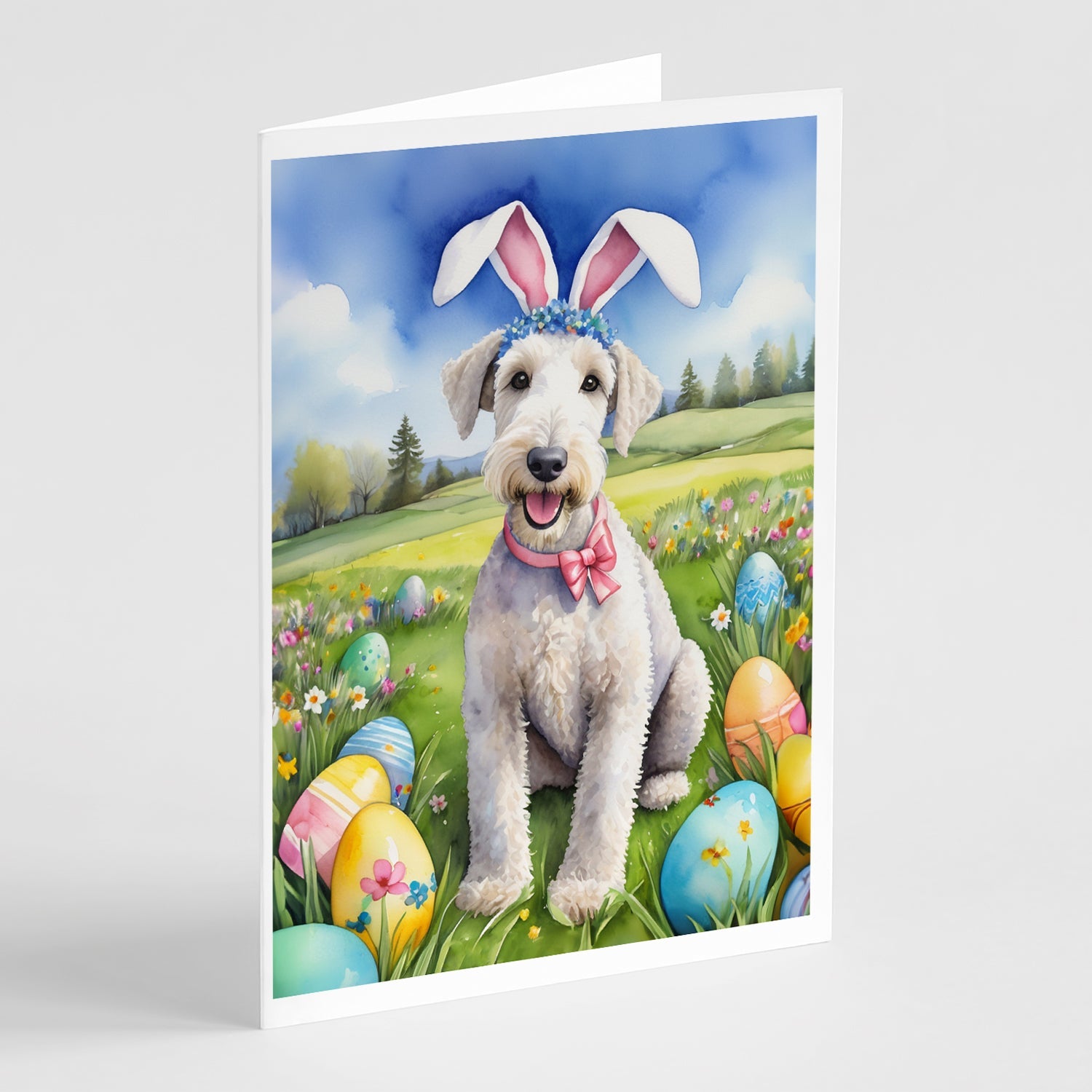 Bedlington Terrier Easter Egg Hunt Greeting Cards Pack of 8 Blank Cards with Envelopes Whimsical A7 Size 5x7