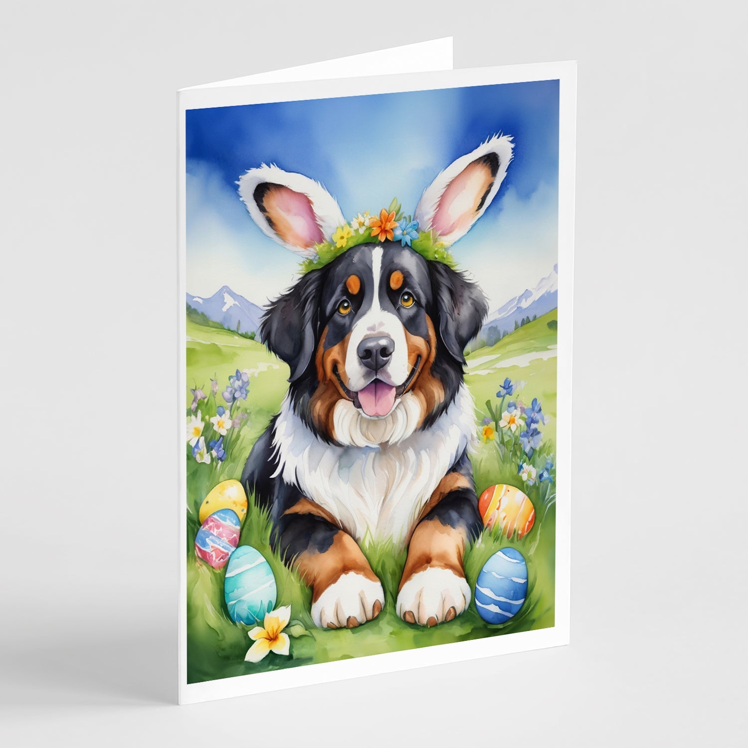Bernese Mountain Dog Easter Egg Hunt Greeting Cards Pack of 8 Blank Cards with Envelopes Whimsical A7 Size 5x7