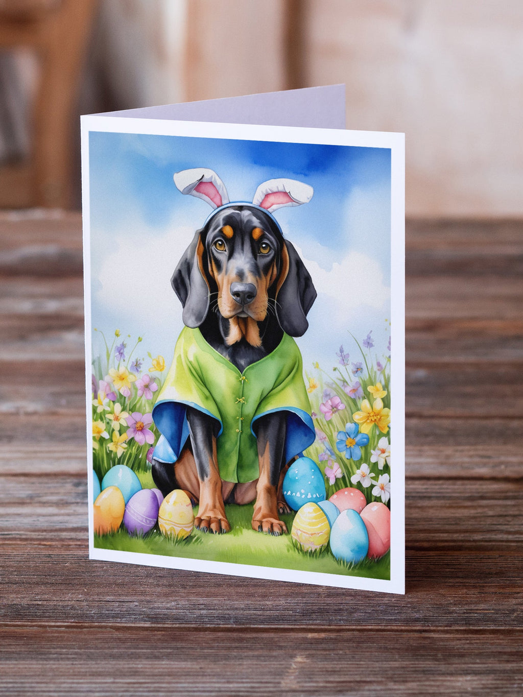 Black and Tan Coonhound Easter Egg Hunt Greeting Cards Pack of 8 Blank Cards with Envelopes Whimsical A7 Size 5x7