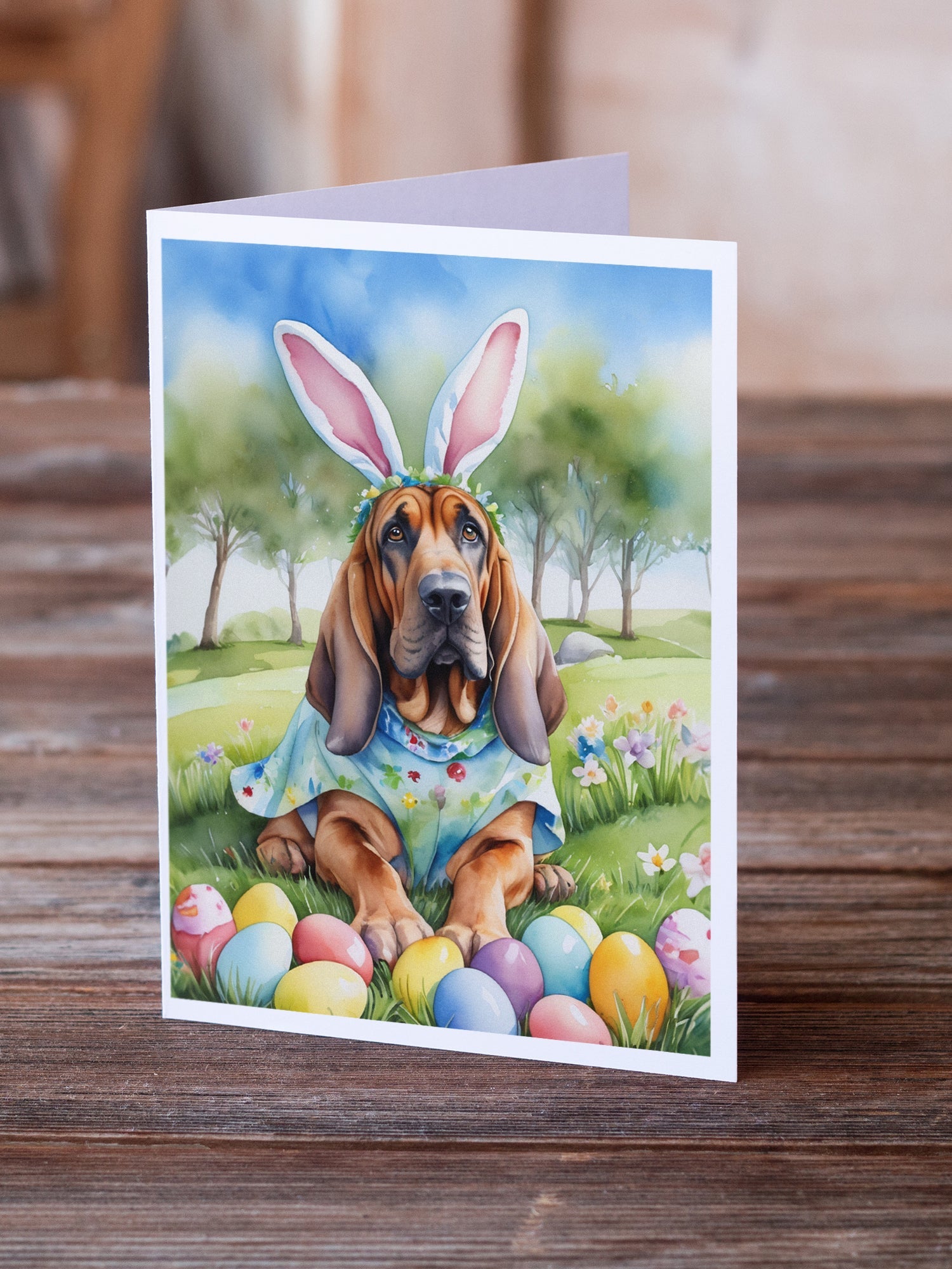 Bloodhound Easter Egg Hunt Greeting Cards Pack of 8 Blank Cards with Envelopes Whimsical A7 Size 5x7