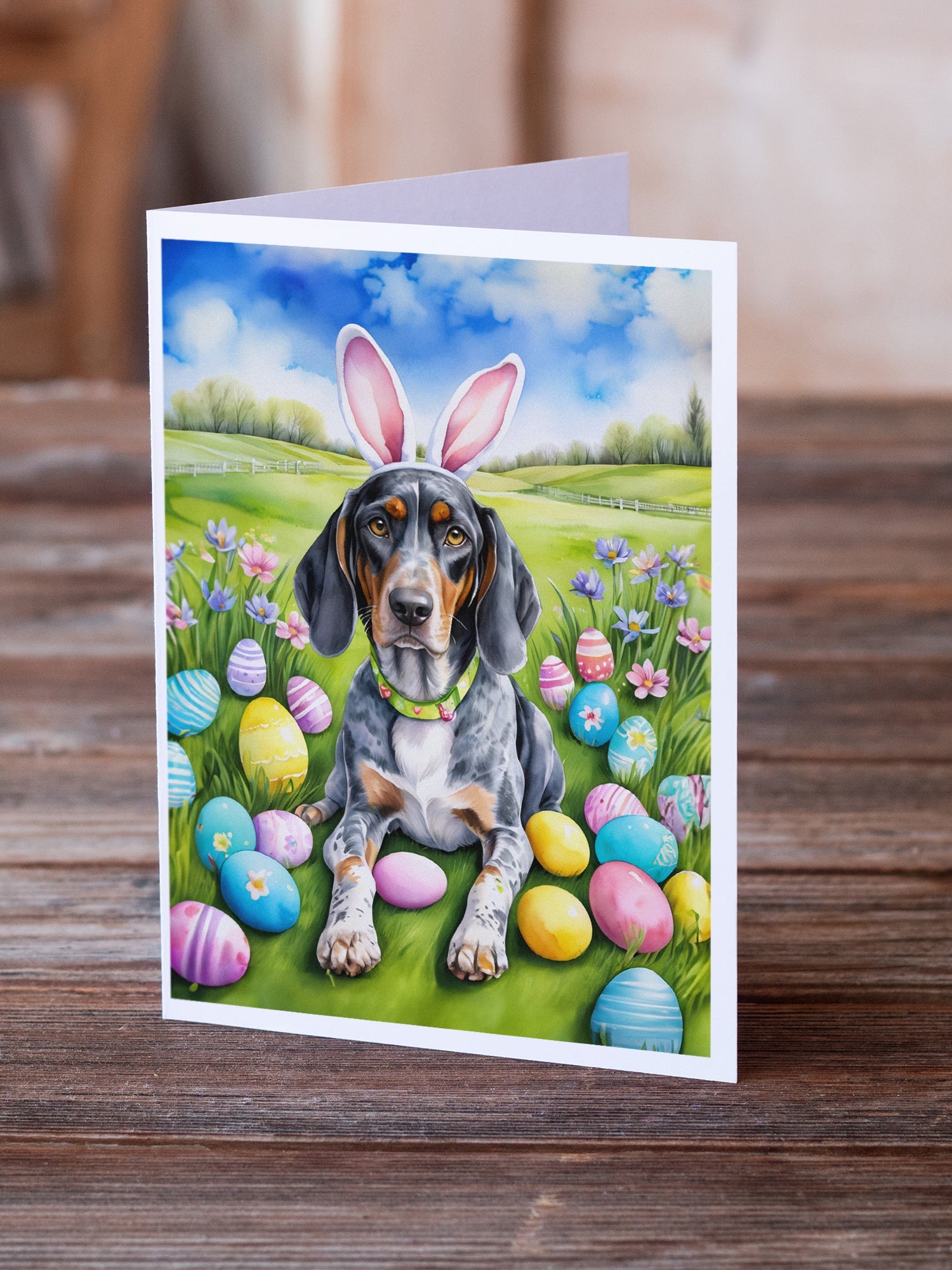 Bluetick Coonhound Easter Egg Hunt Greeting Cards Pack of 8 Blank Cards with Envelopes Whimsical A7 Size 5x7