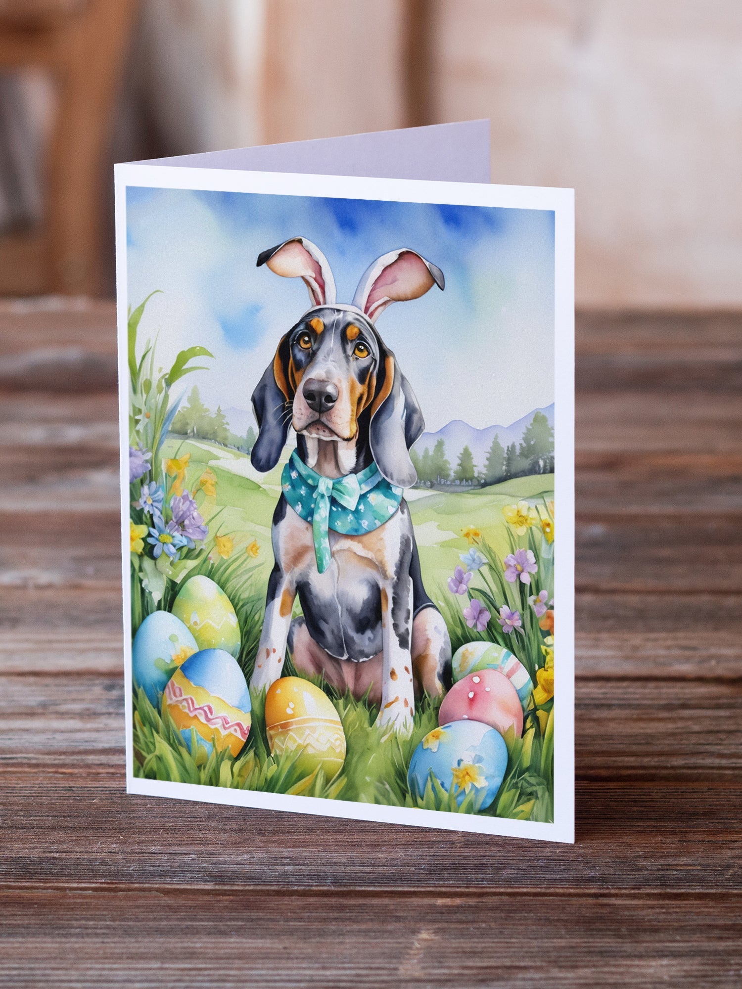 Bluetick Coonhound Easter Egg Hunt Greeting Cards Pack of 8 Blank Cards with Envelopes Whimsical A7 Size 5x7