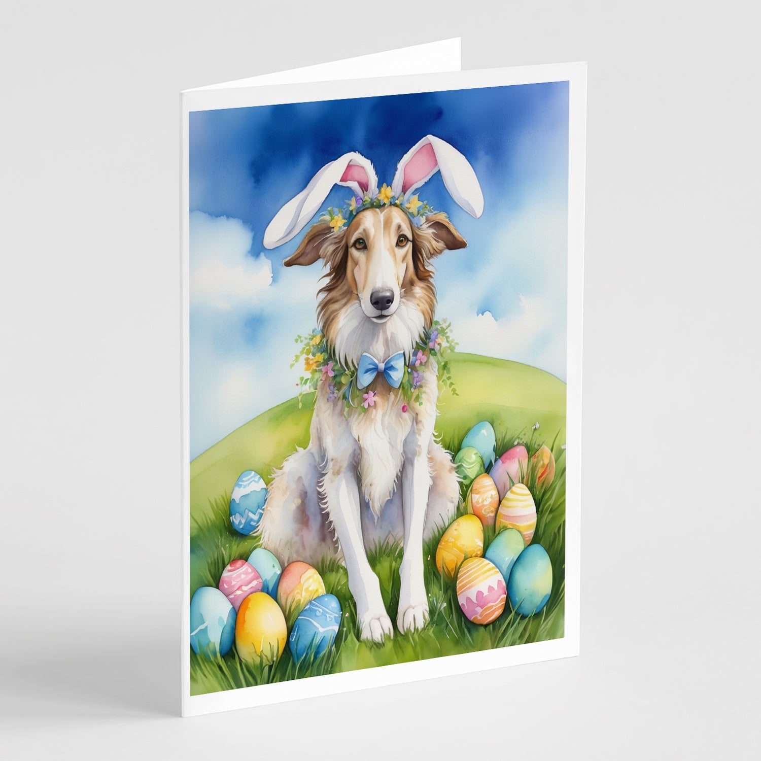 Borzoi Easter Egg Hunt Greeting Cards Pack of 8 Blank Cards with Envelopes Whimsical A7 Size 5x7