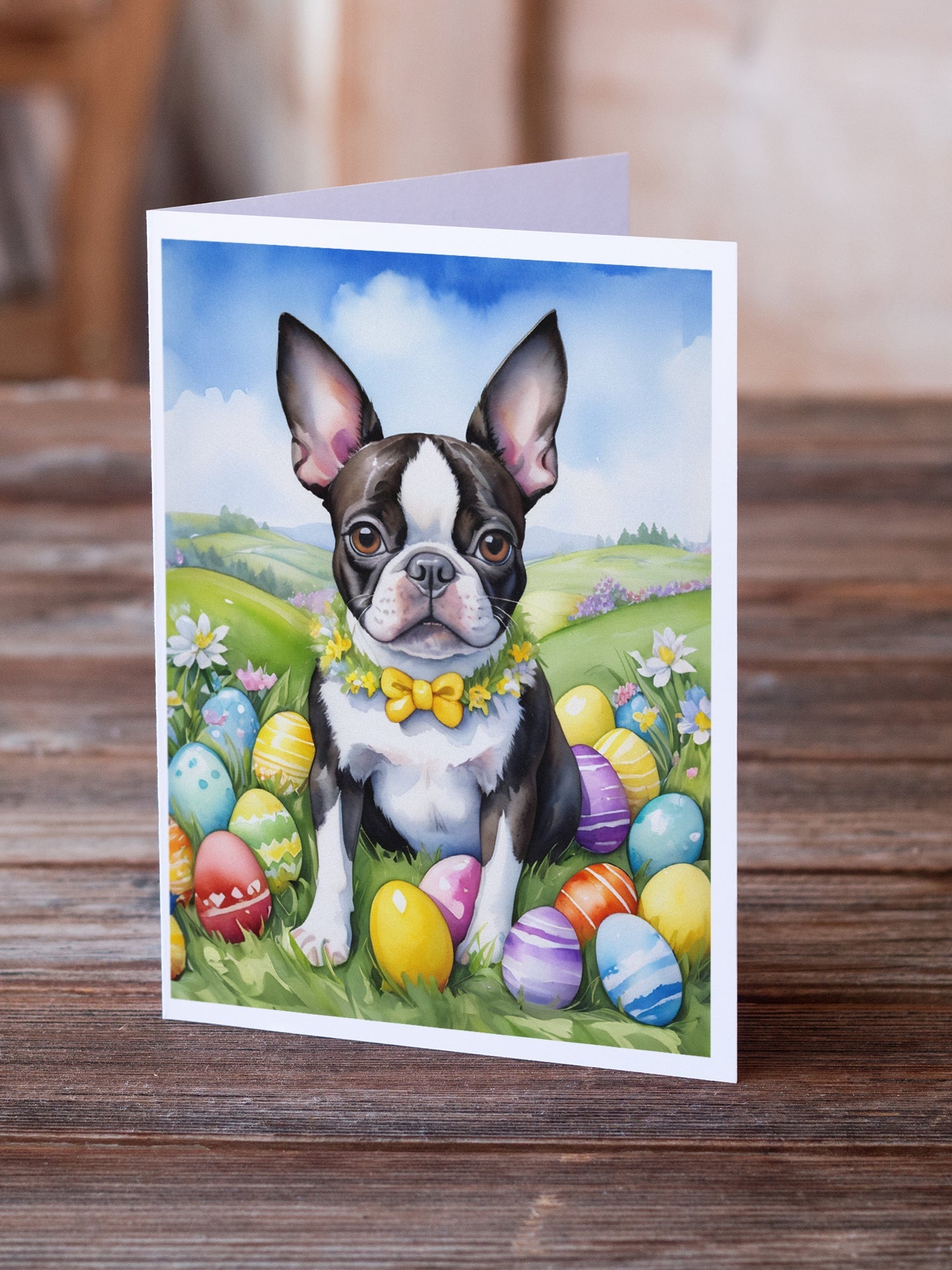 Boston Terrier Easter Egg Hunt Greeting Cards Pack of 8 Blank Cards with Envelopes Whimsical A7 Size 5x7