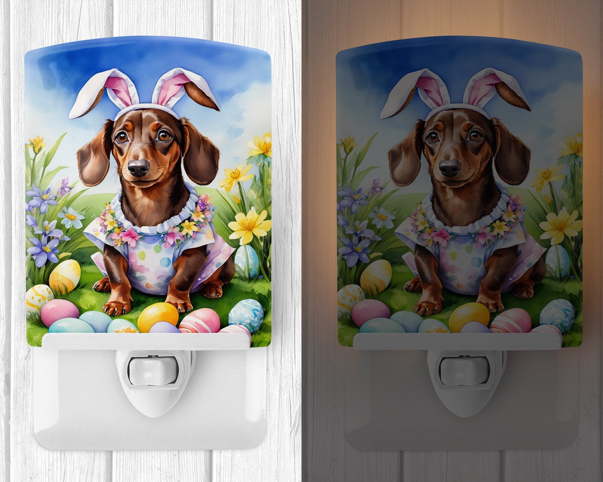 Dachshund Easter Egg Hunt Ceramic Night Light Compact, UL-Certified, Ideal for Bedroom, Bathroom, Nursery, Hallway, Kitchen, 6x4x3, Multicolor