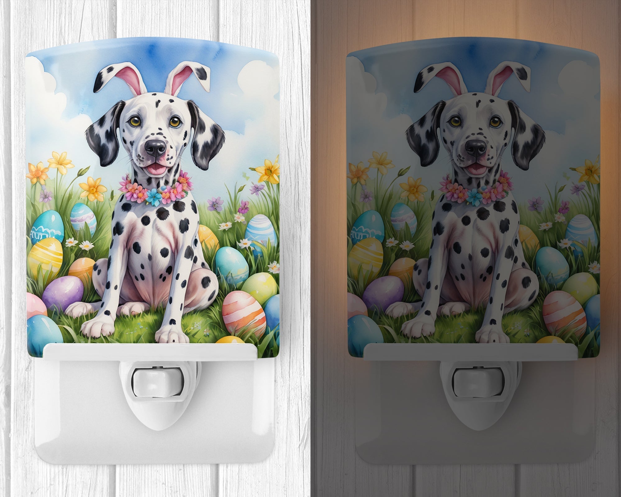 Dalmatian Easter Egg Hunt Ceramic Night Light Compact, UL-Certified, Ideal for Bedroom, Bathroom, Nursery, Hallway, Kitchen, 6x4x3, Multicolor