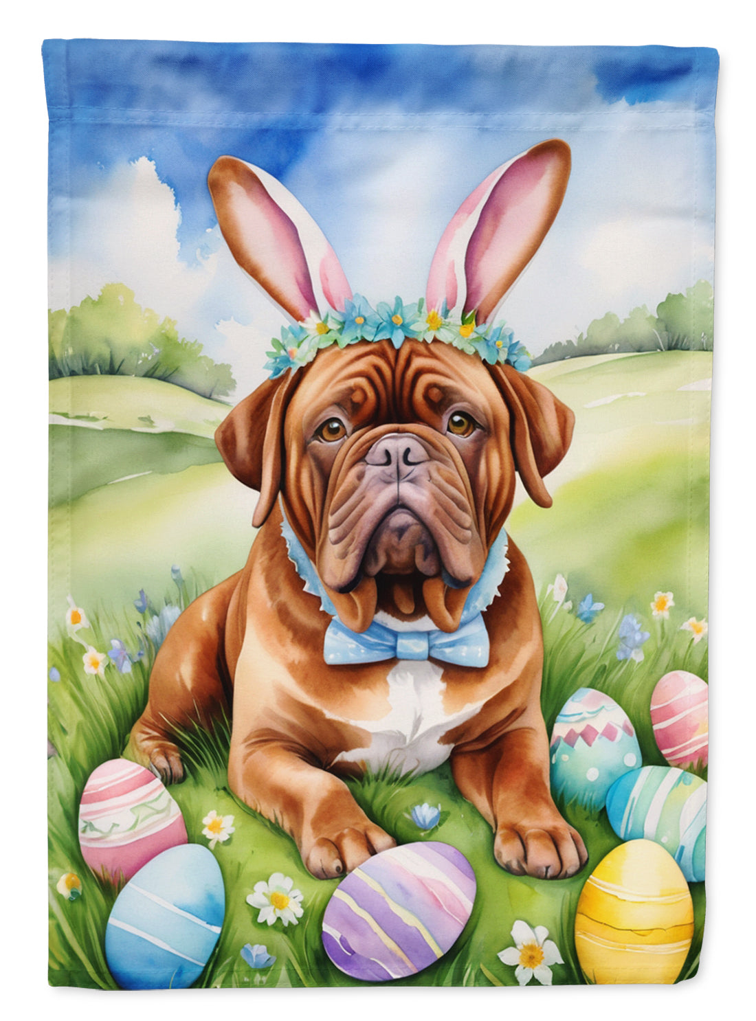 Dogue de Bordeaux Easter Egg Hunt House Flag 28x40 Porch Sleeve Pole Decorative Outside Yard Banner Artwork Wall Hanging, Polyester