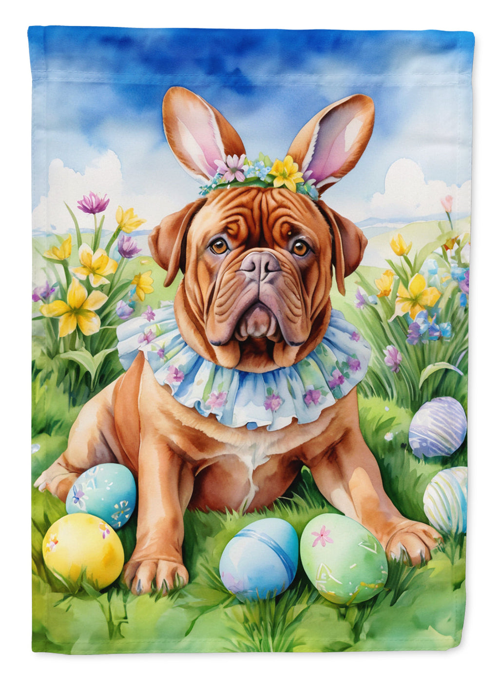 Dogue de Bordeaux Easter Egg Hunt House Flag 28x40 Porch Sleeve Pole Decorative Outside Yard Banner Artwork Wall Hanging, Polyester