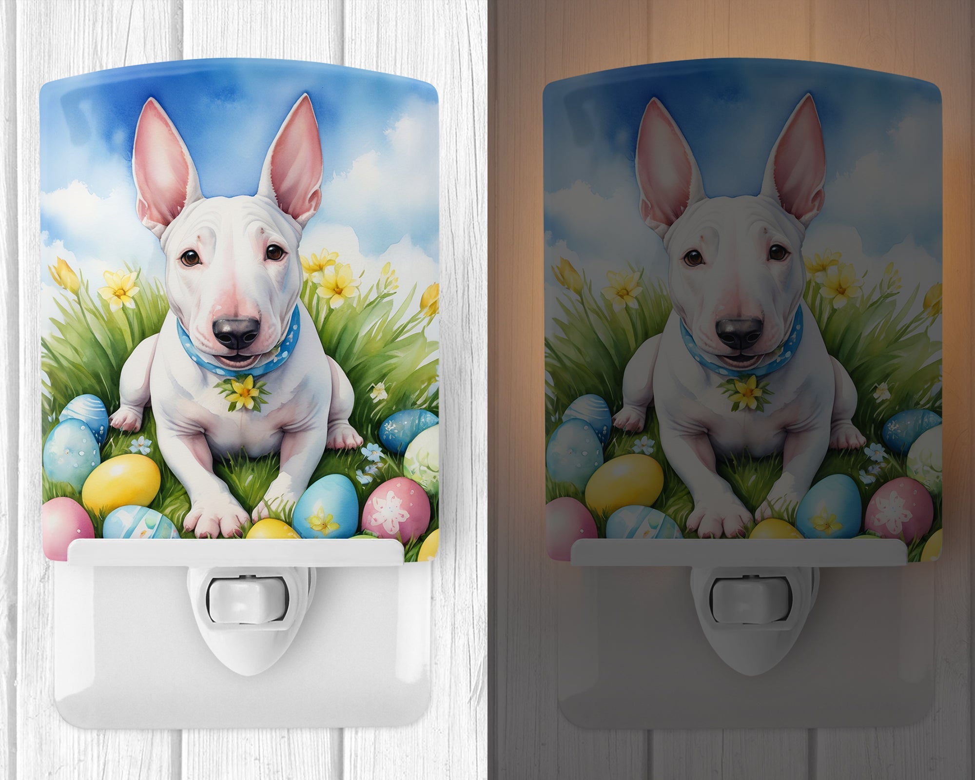 English Bull Terrier Easter Egg Hunt Ceramic Night Light Compact, UL-Certified, Ideal for Bedroom, Bathroom, Nursery, Hallway, Kitchen, 6x4x3, Multicolor
