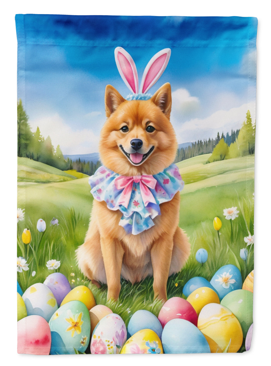 Finnish Spitz Easter Egg Hunt House Flag 28x40 Porch Sleeve Pole Decorative Outside Yard Banner Artwork Wall Hanging, Polyester