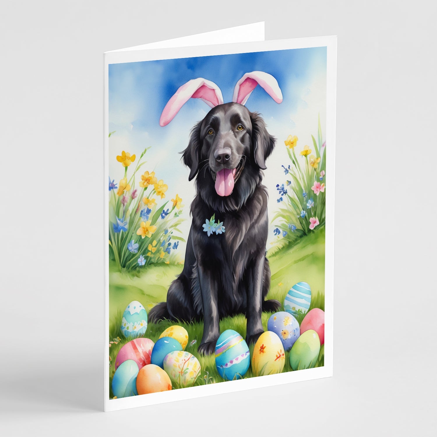 Flat-Coated Retriever Easter Egg Hunt Greeting Cards Pack of 8 Blank Cards with Envelopes Whimsical A7 Size 5x7