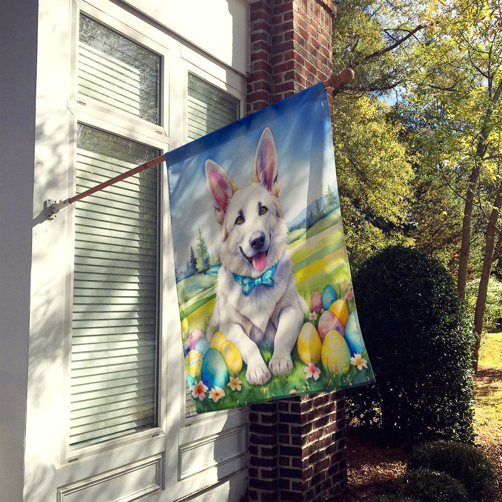 White German Shepherd Easter Egg Hunt House Flag 28x40 Porch Sleeve Pole Decorative Outside Yard Banner Artwork Wall Hanging, Polyester