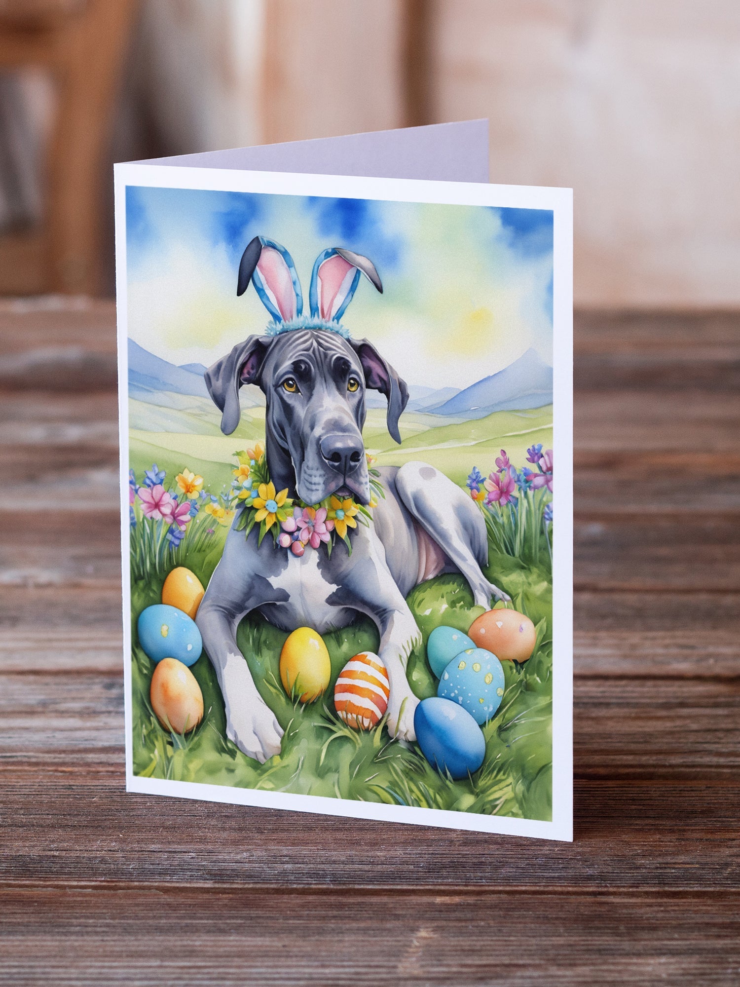Great Dane Easter Egg Hunt Greeting Cards Pack of 8 Blank Cards with Envelopes Whimsical A7 Size 5x7