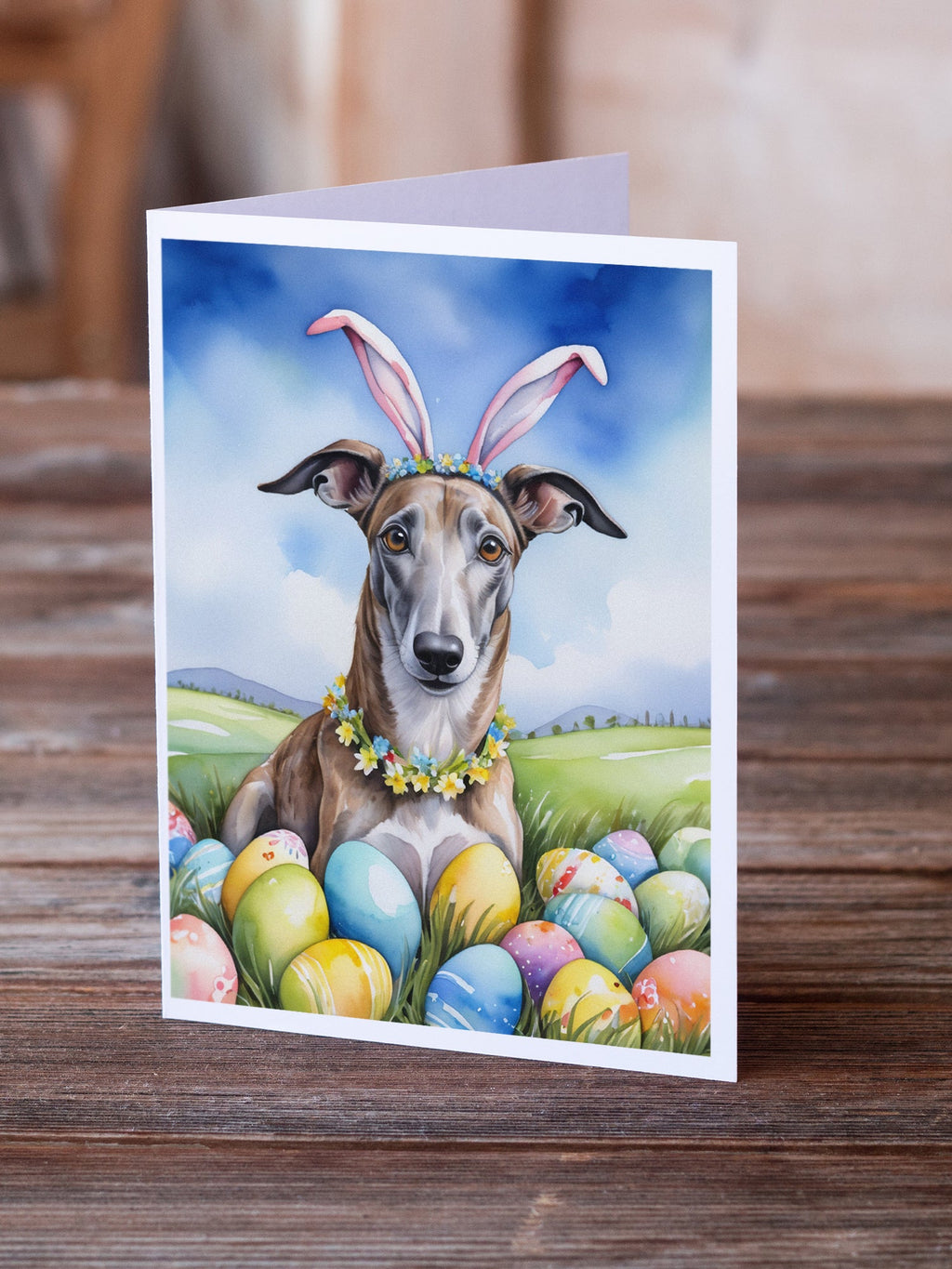 Greyhound Easter Egg Hunt Greeting Cards Pack of 8 Blank Cards with Envelopes Whimsical A7 Size 5x7